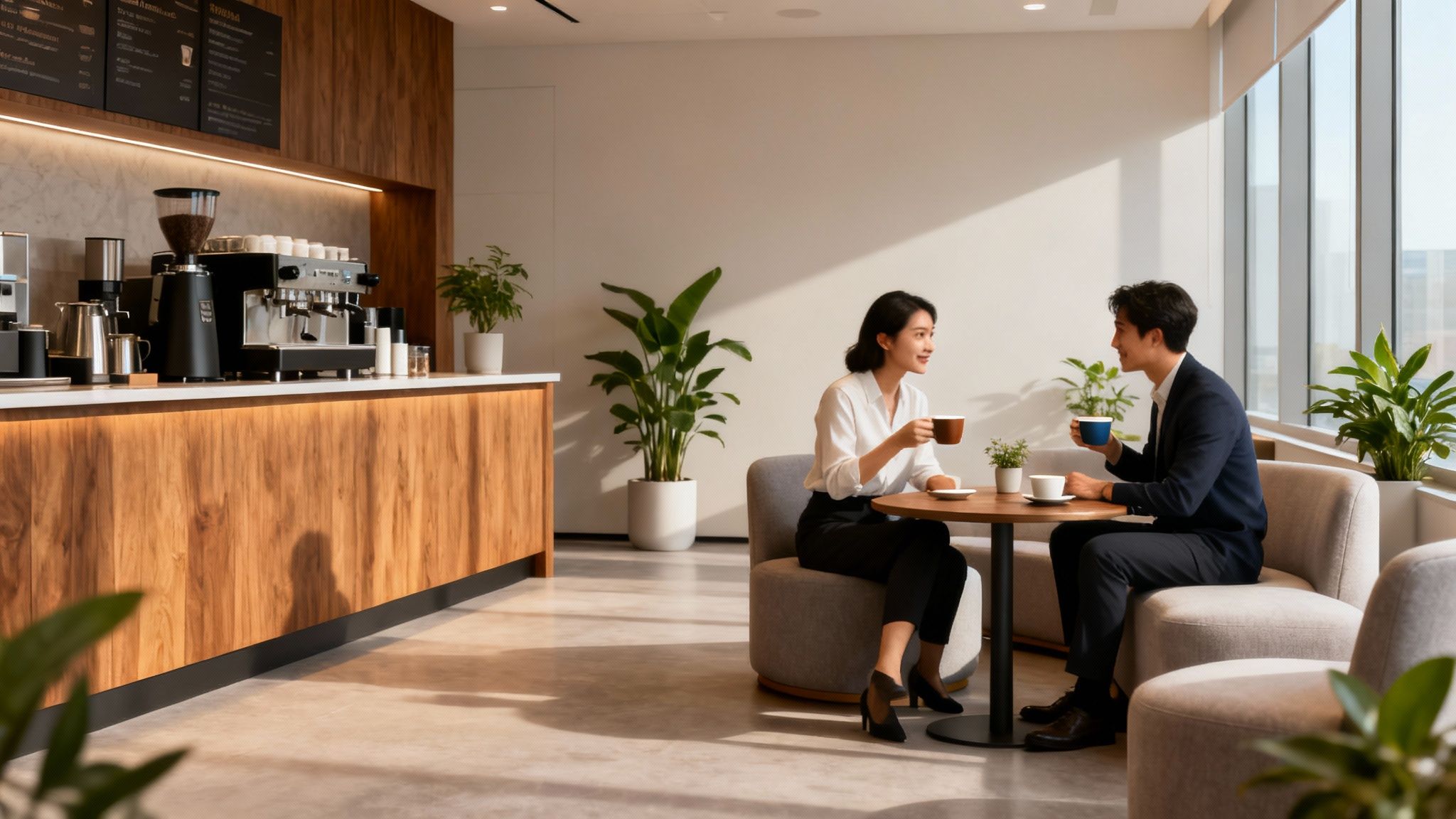 Two professionals enjoy coffee and conversation in a modern office cafe with large windows.