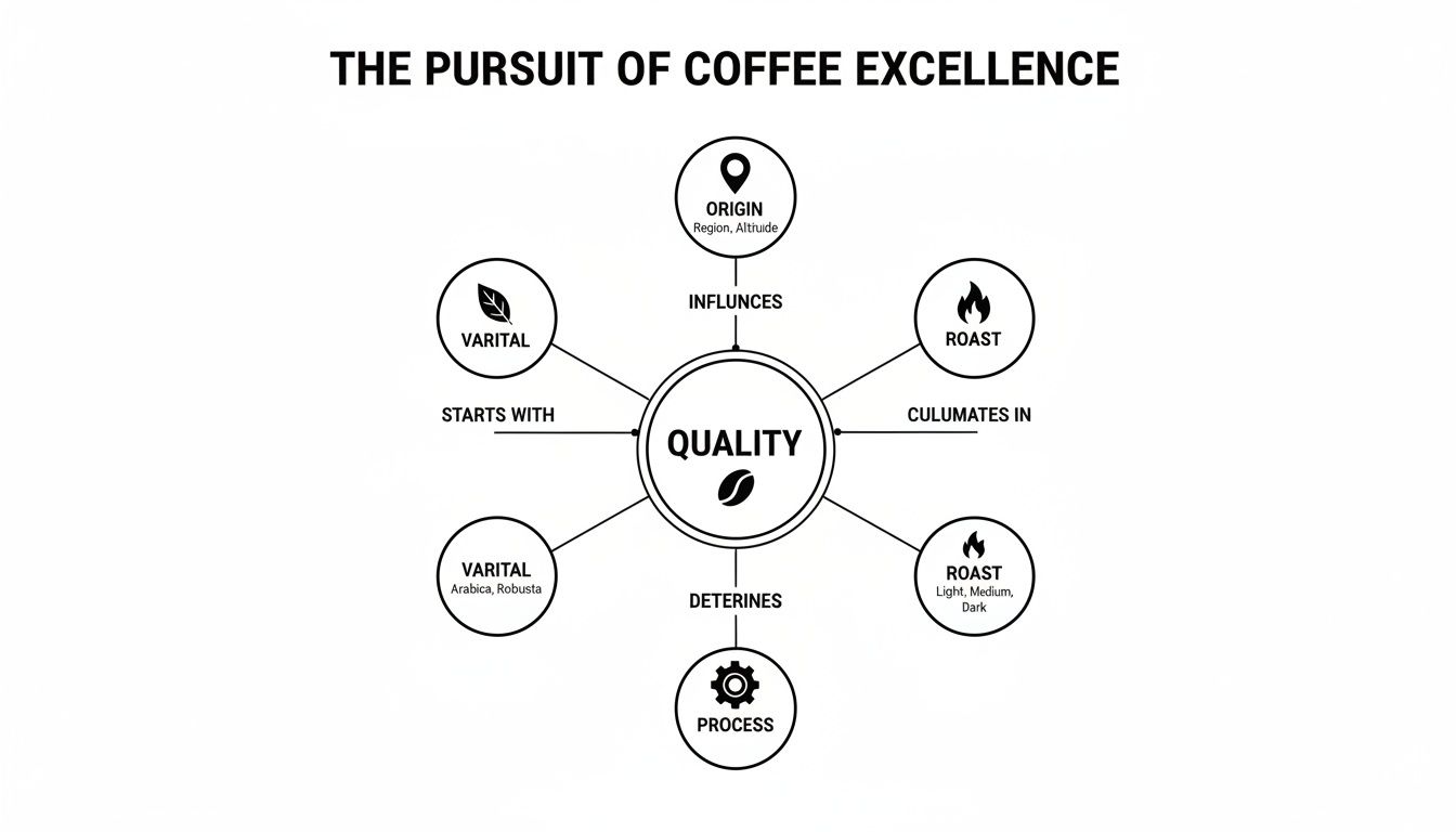 Diagram showing factors influencing coffee quality, including origin, varietal, roast, and processing methods.