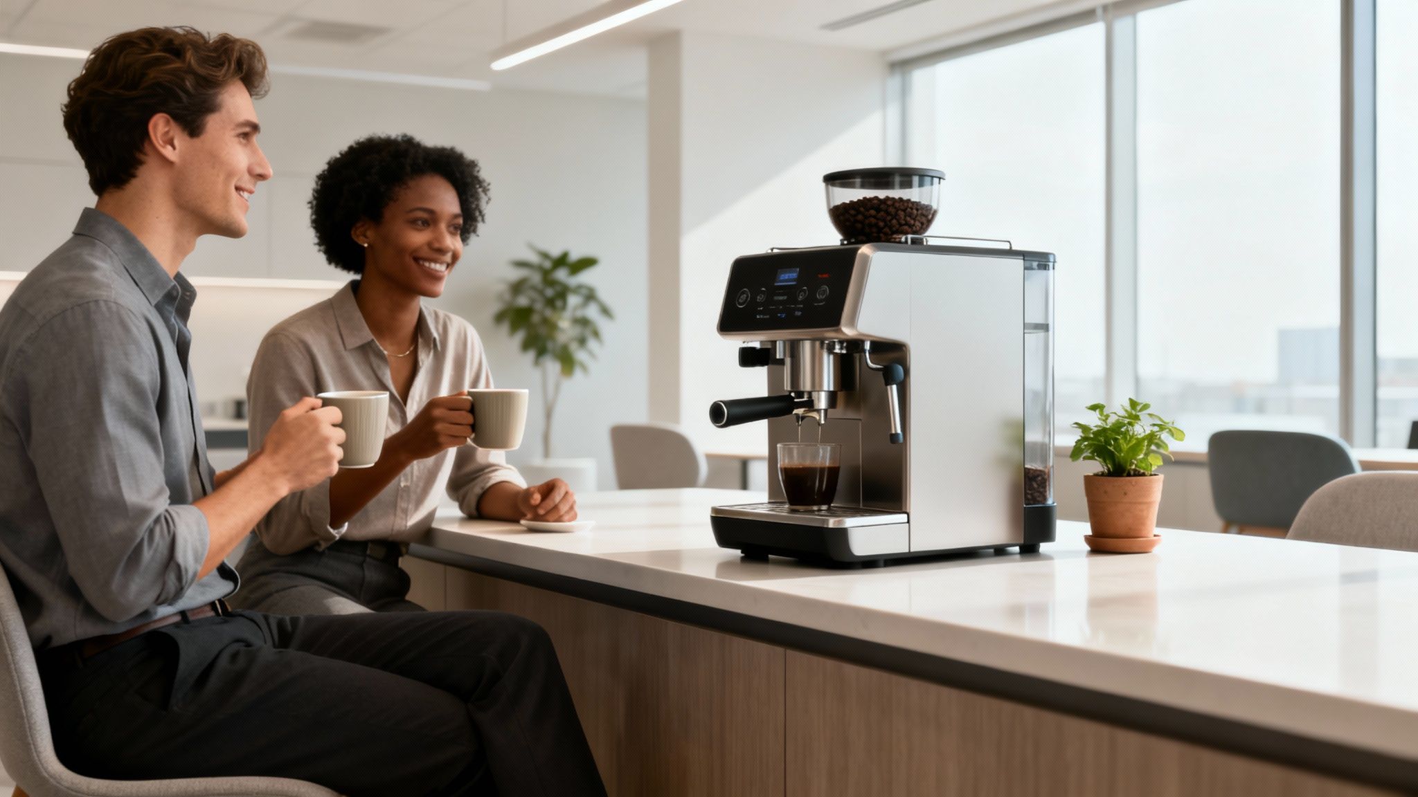 Two smiling colleagues enjoy coffee from a bean-to-cup machine in a modern office breakroom.