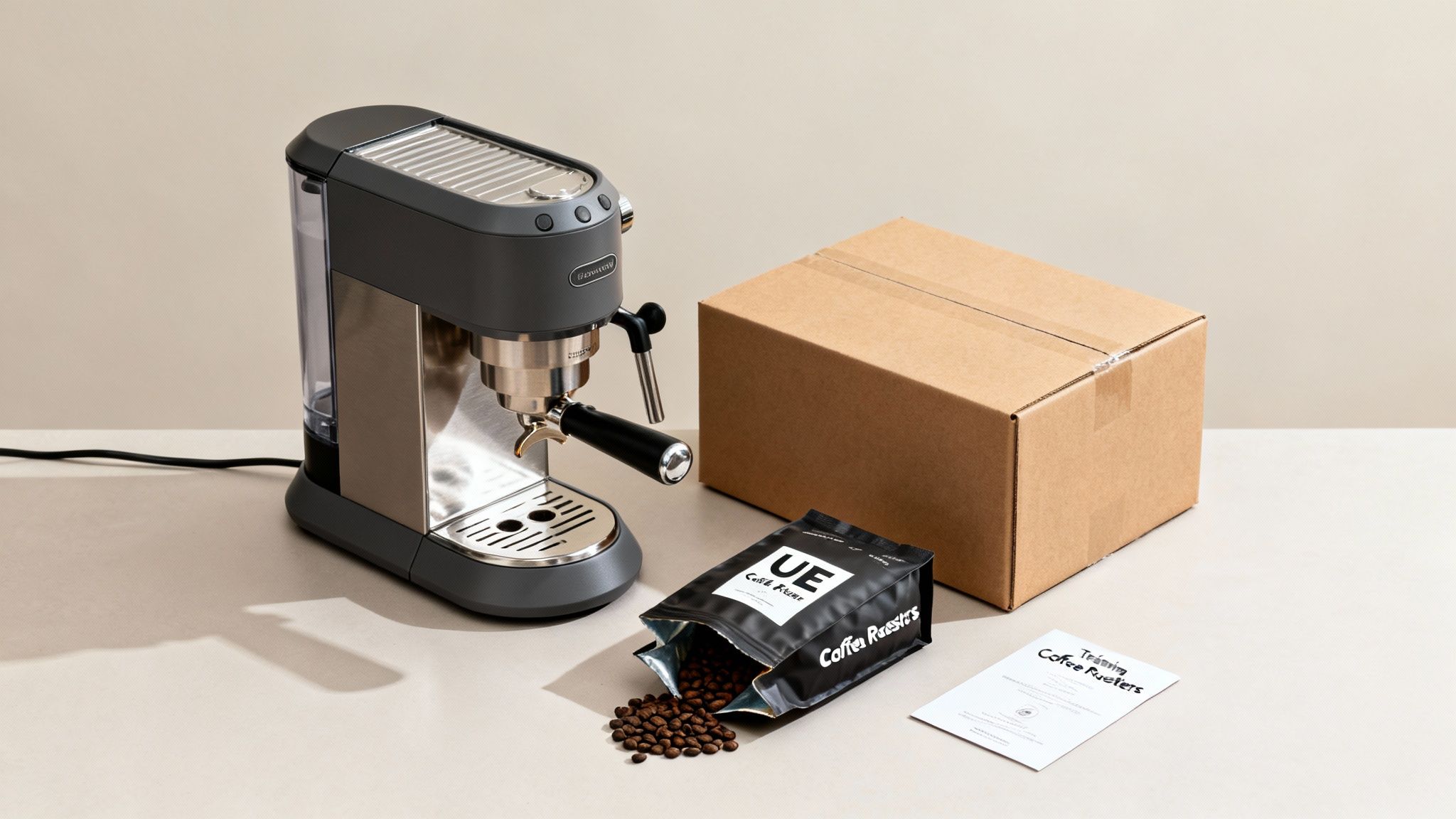 An espresso machine, a bag of coffee beans spilling out, a cardboard box, and a paper.