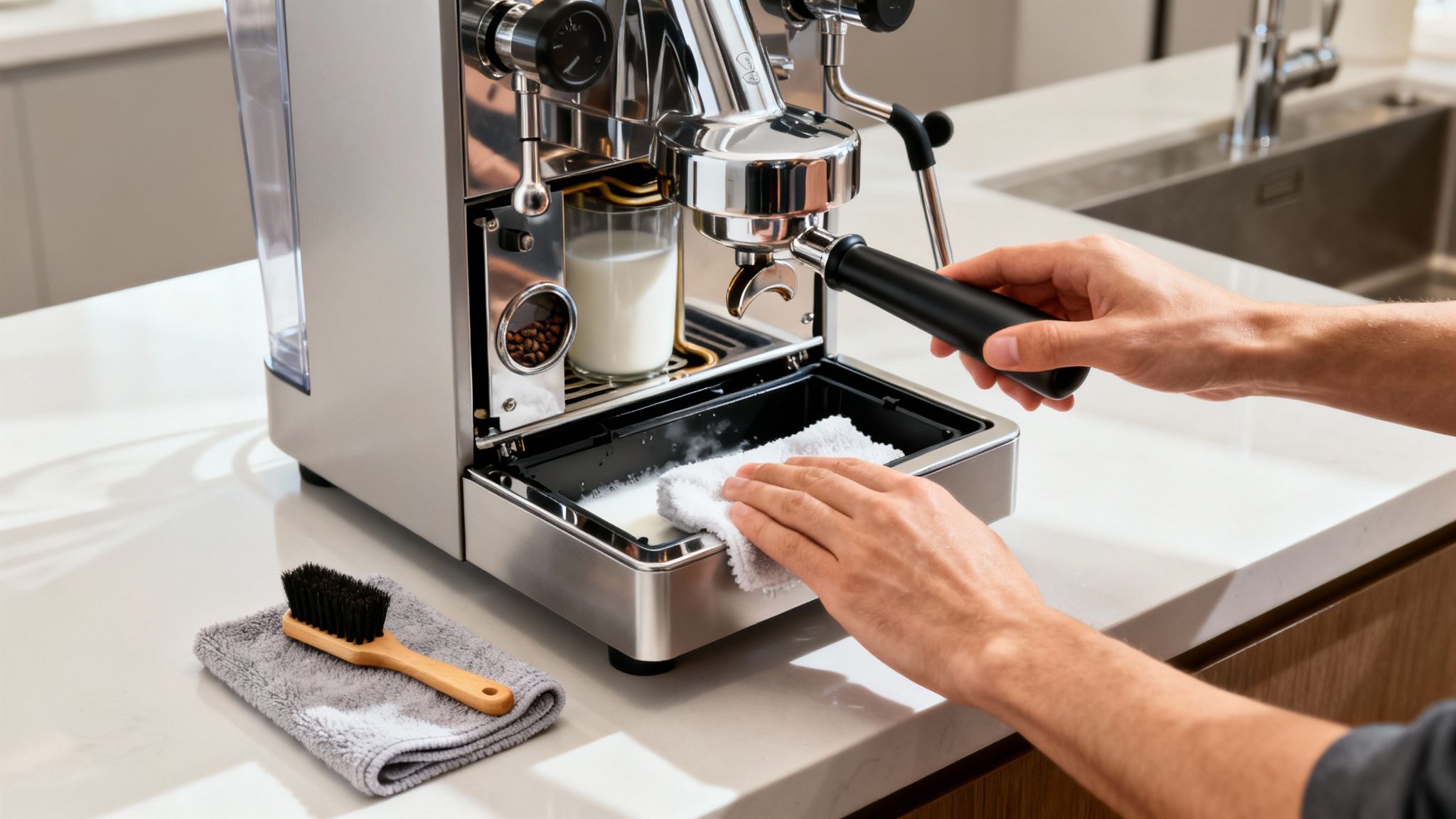 A person cleaning a stainless steel espresso machine's drip tray with a white cloth on a counter.