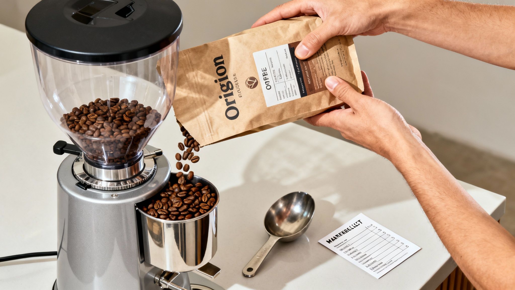 Hands pour fresh Origion coffee beans into a grinder for a delicious brew.