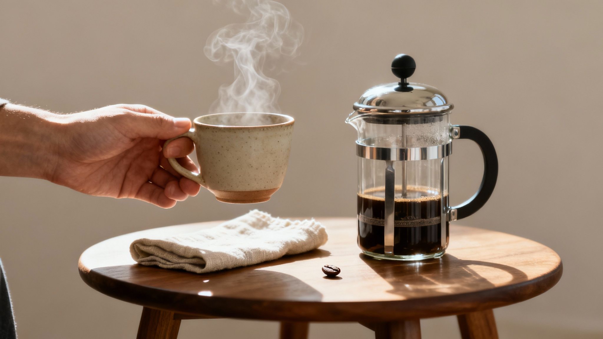 A person gently pouring hot water into a cafetiere to begin the brewing process.