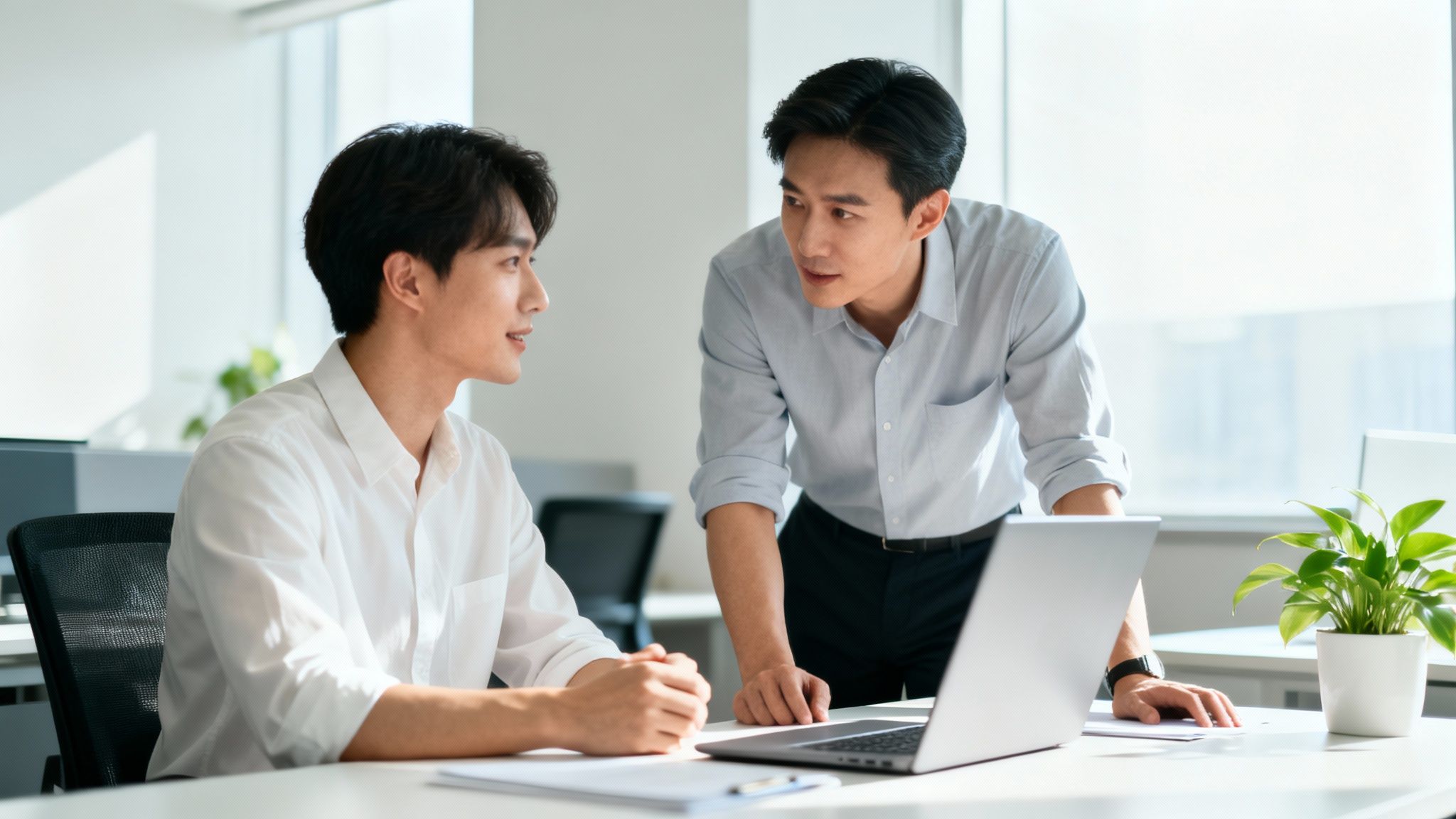 Two Asian businessmen collaborate at a bright office desk with a laptop, discussing work.