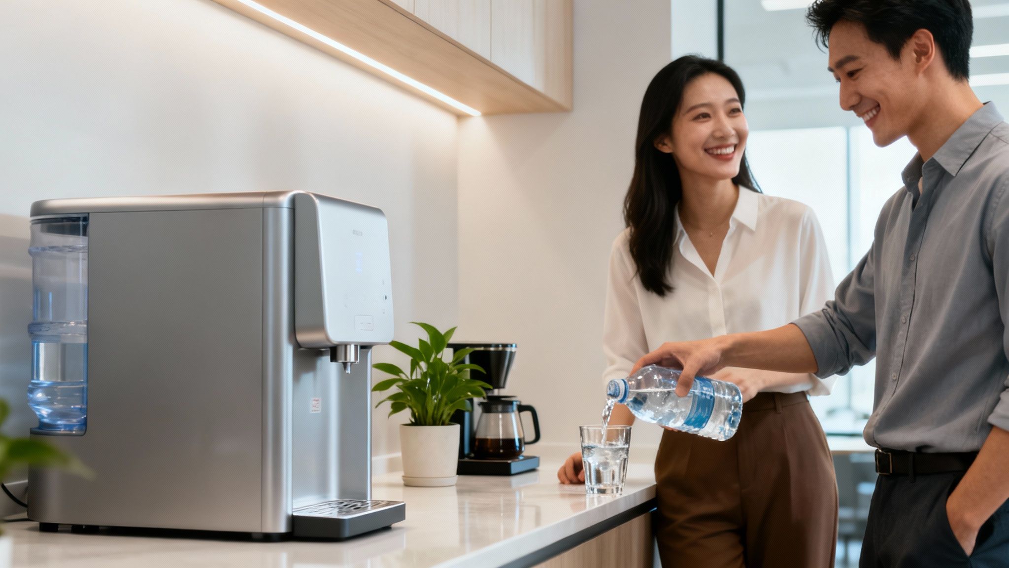 Two smiling colleagues in a modern office kitchen, a man pouring water into a glass next to a sleek water dispenser.