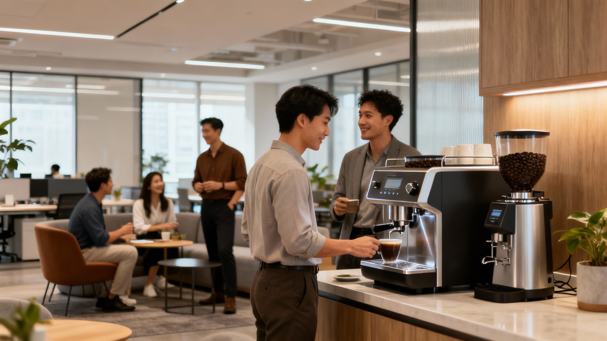 A professional bean to cup coffee machine being used in a modern office kitchen