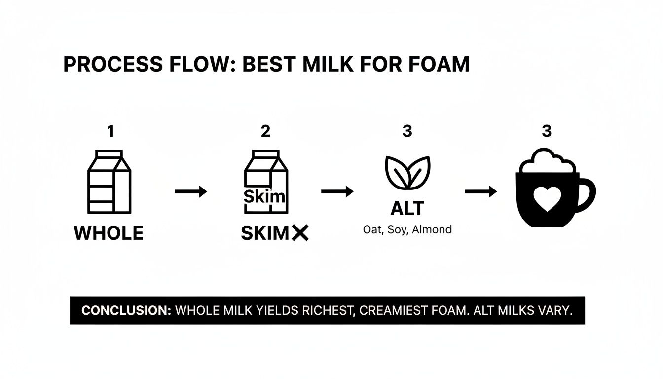 A diagram comparing whole, skim, and alternative milks for creating foam, concluding whole milk is best.
