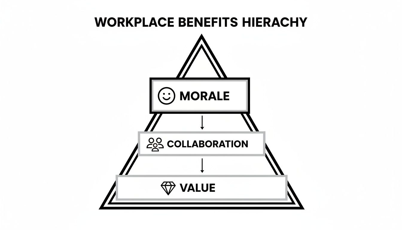 A workplace benefits hierarchy pyramid with Morale at the top, followed by Collaboration, and Value at the bottom.
