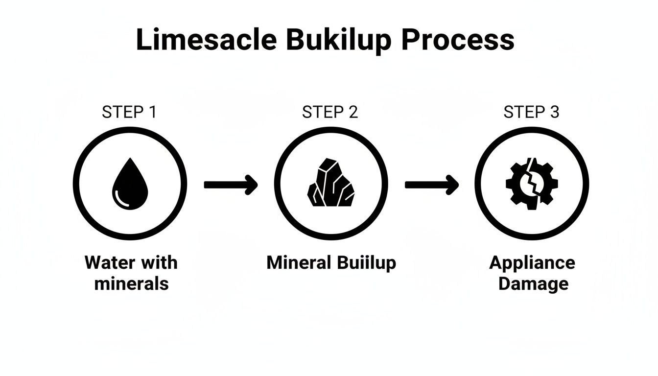 A diagram illustrating the limescale buildup process from water with minerals to appliance damage.