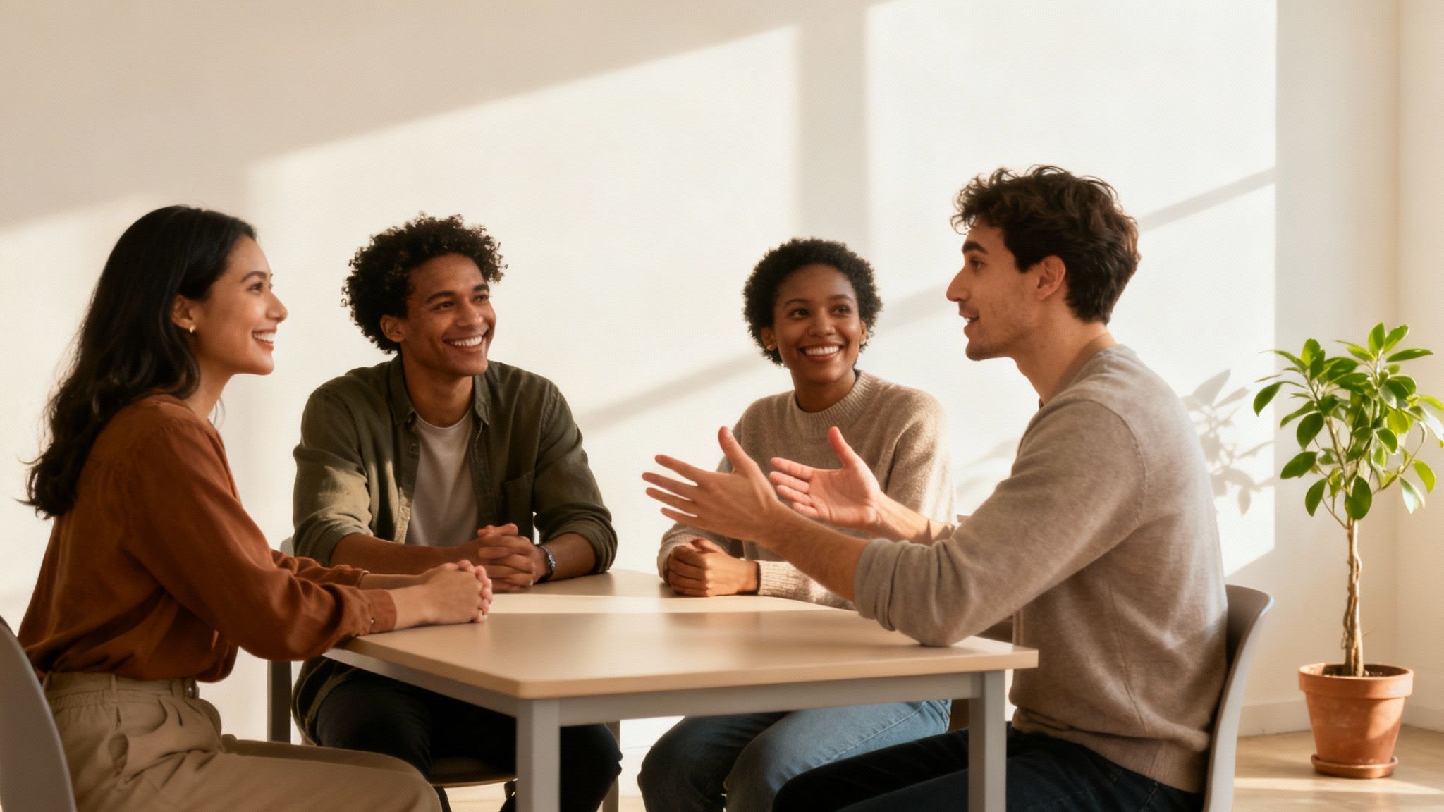 Diverse team of four professionals having an engaging collaborative discussion at a bright modern office table