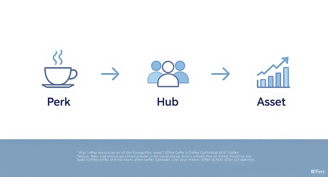 Diagram showing flow: Perk (coffee cup) -> Hub (group of people) -> Asset (growth chart).