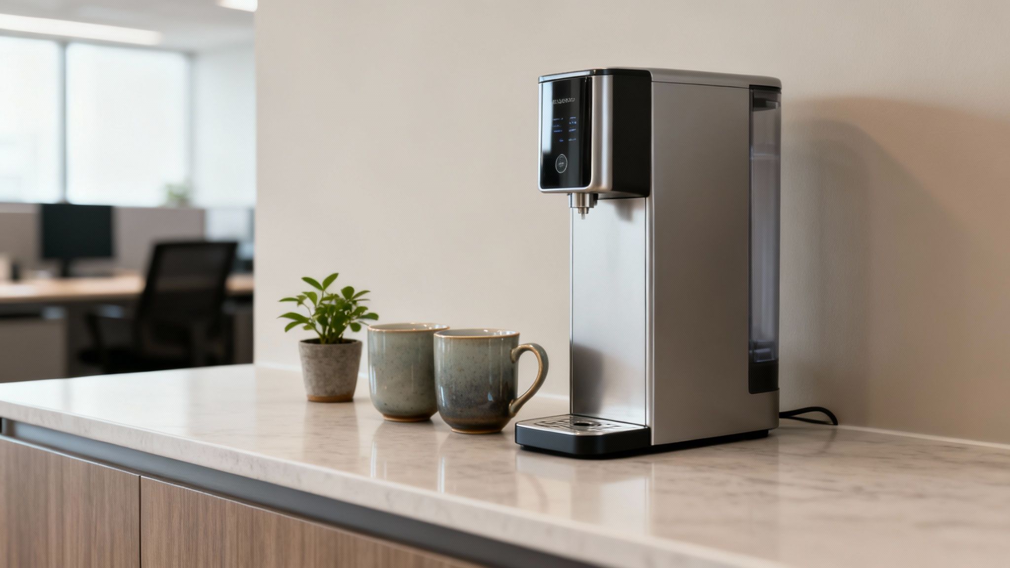 Sleek instant hot water dispenser with two mugs and a plant on a marble counter in an office.