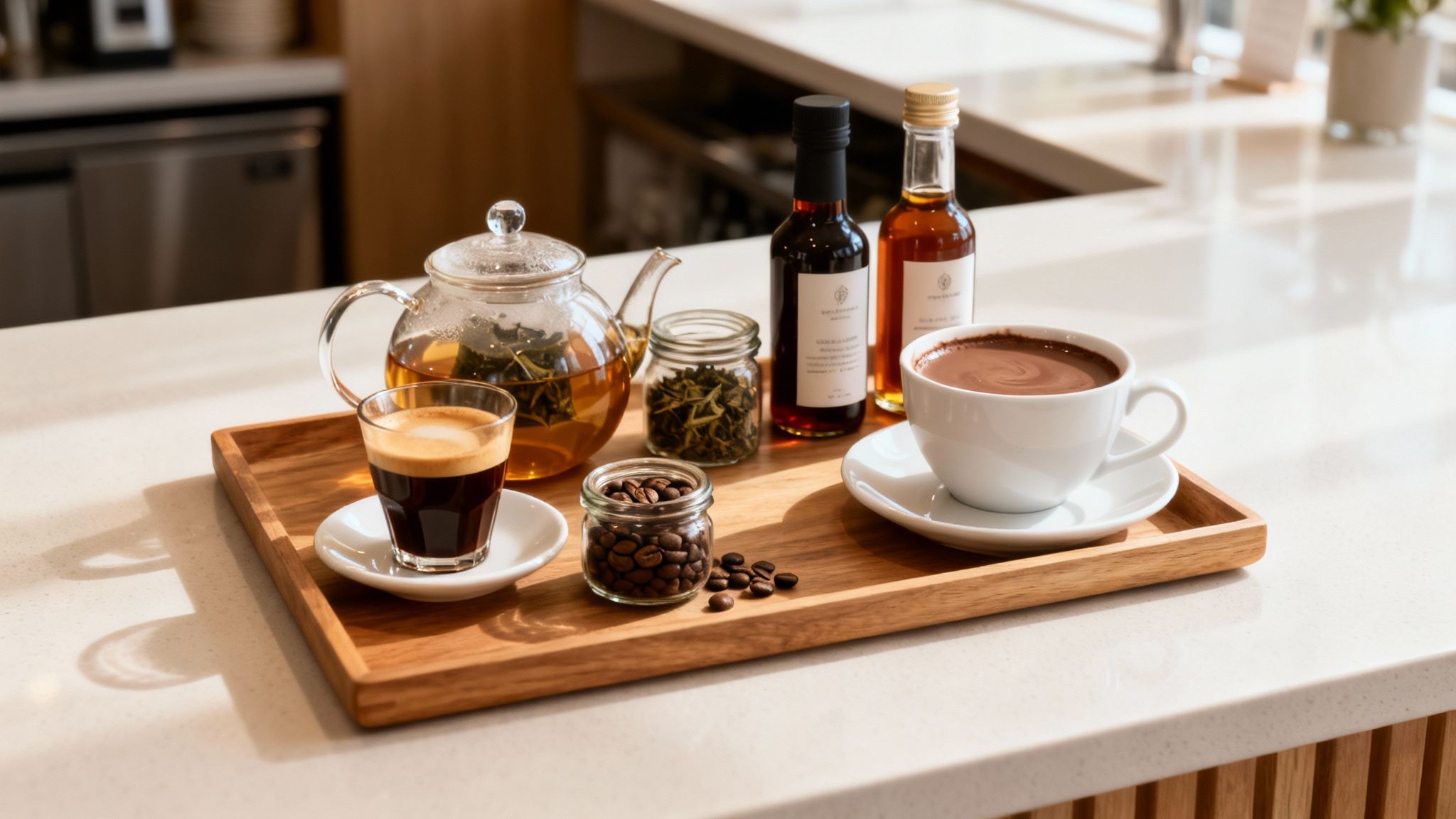 A wooden tray on a white counter with espresso, hot chocolate, tea, coffee beans, and syrups.