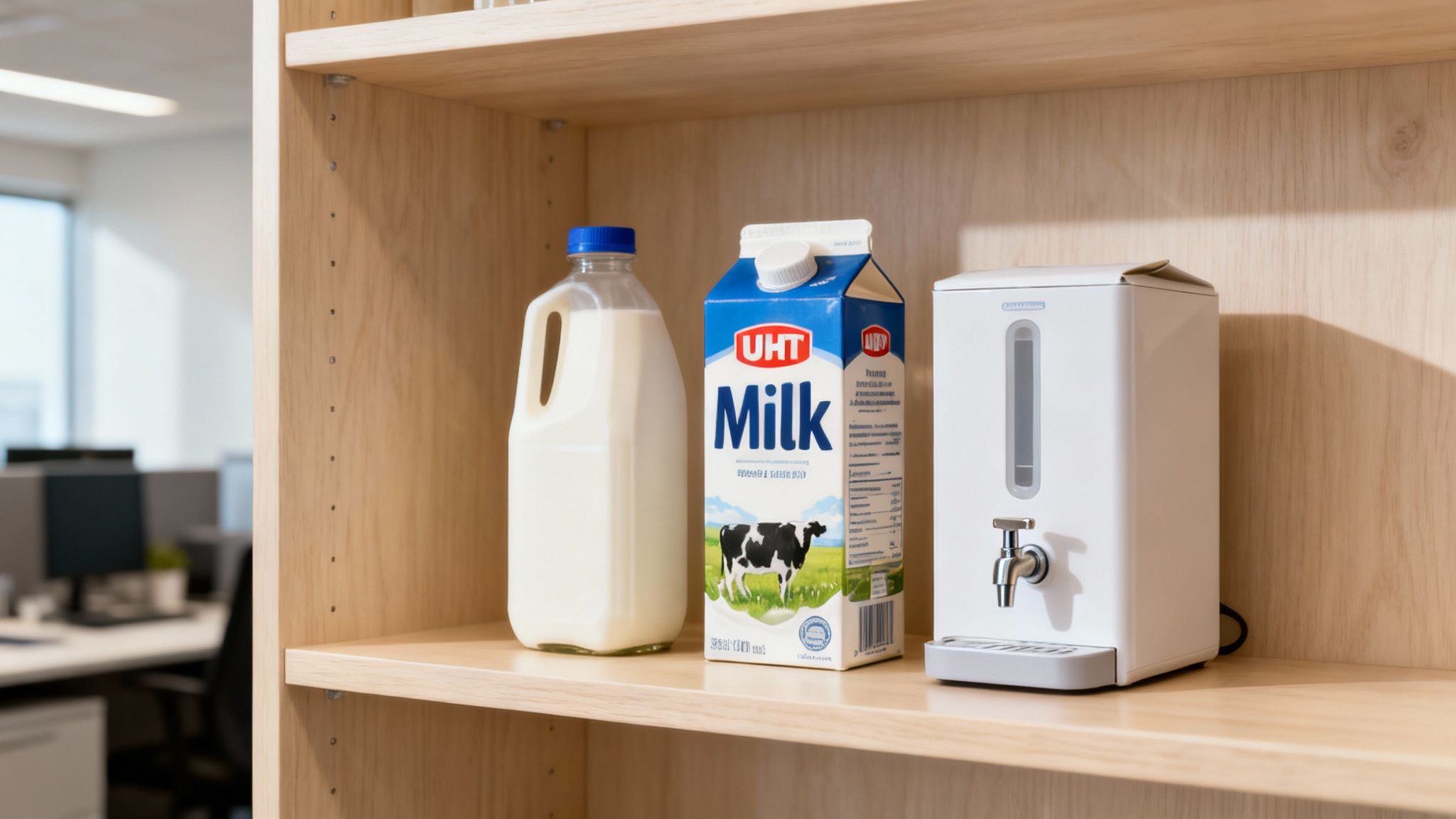 A clear plastic jug of milk and a UHT milk carton next to a white dispenser on a wooden shelf in an office.