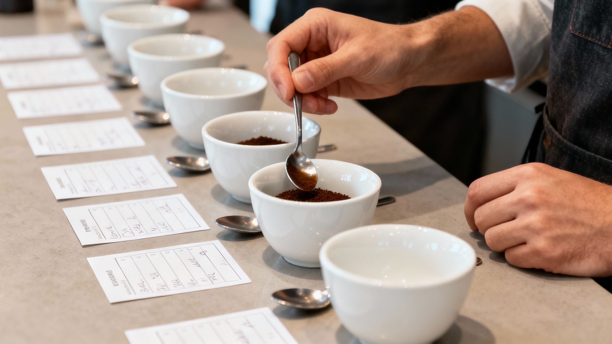 Several bowls of coffee beans and grounds arranged for a cupping session.