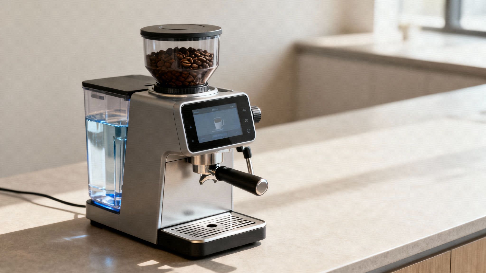 A close-up shot of a modern bean-to-cup coffee machine dispensing coffee into a cup in a stylish office.