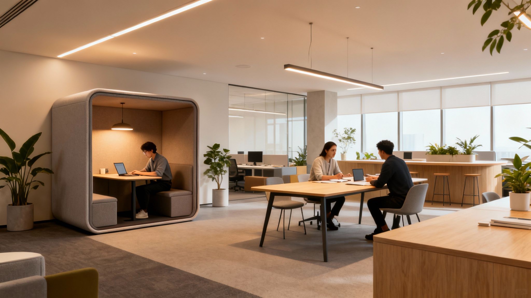 Modern office interior with workers collaborating and using private pods, featuring natural light and plants.