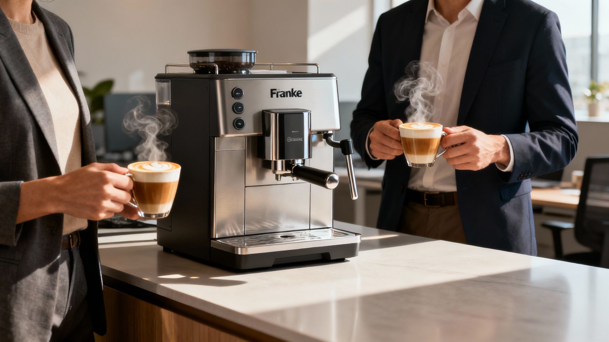 A sleek Franke coffee machine in a modern office, ready to serve coffee.