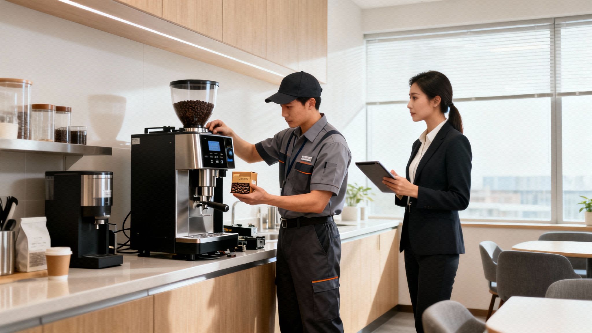 Technician in uniform services a commercial bean-to-cup coffee machine as a businesswoman observes with a tablet.