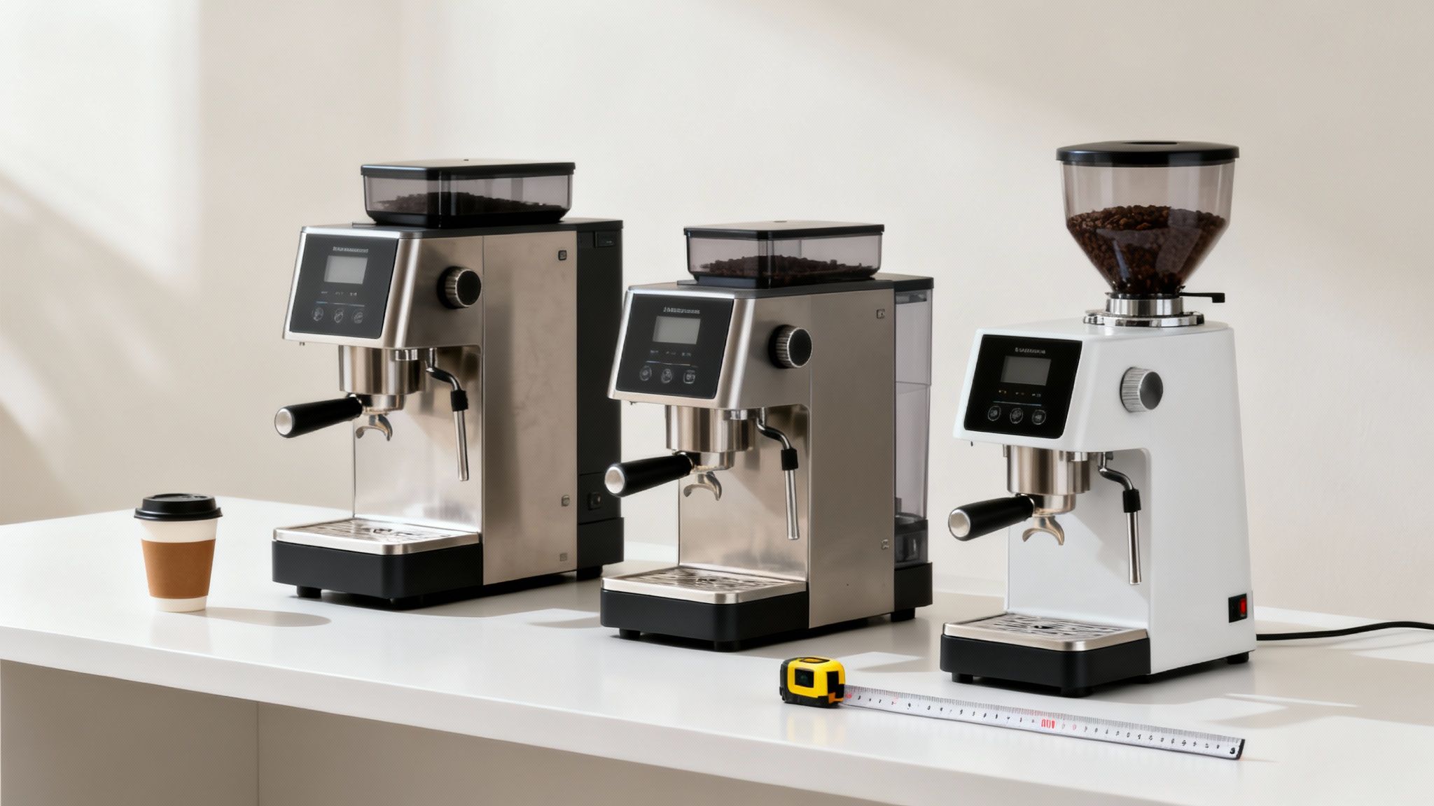 Three bean-to-cup espresso machines, two silver and one white, with coffee beans on a counter.