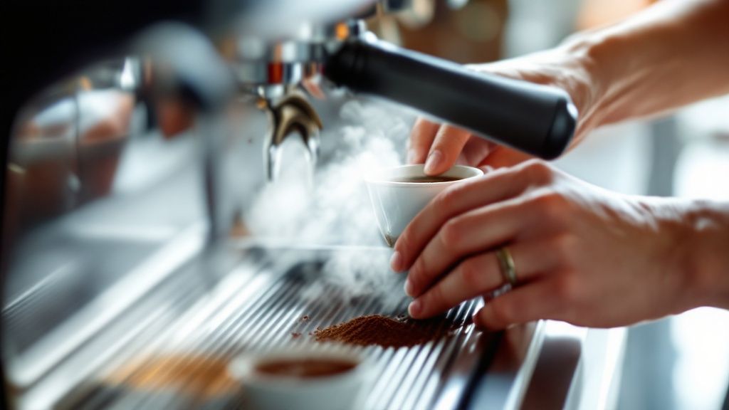 A barista tamping coffee grounds in a portafilter, preparing to make espresso.