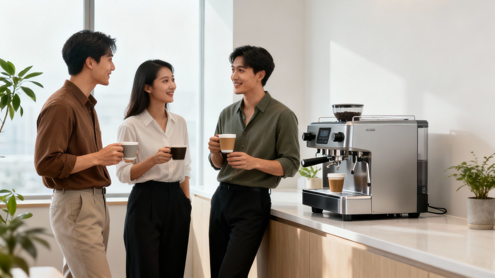 Three smiling colleagues enjoy coffee and conversation in a bright, modern office breakroom with an espresso machine.
