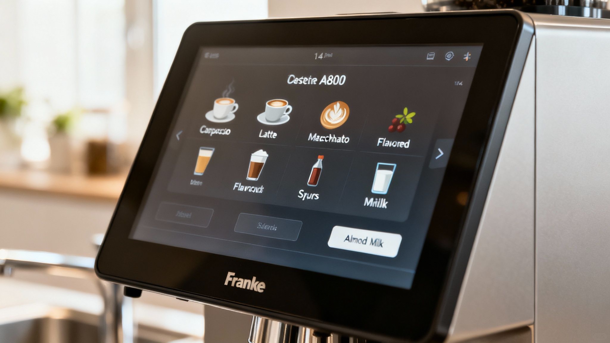 A colourful array of coffee drinks displayed on a Franke A800 touchscreen