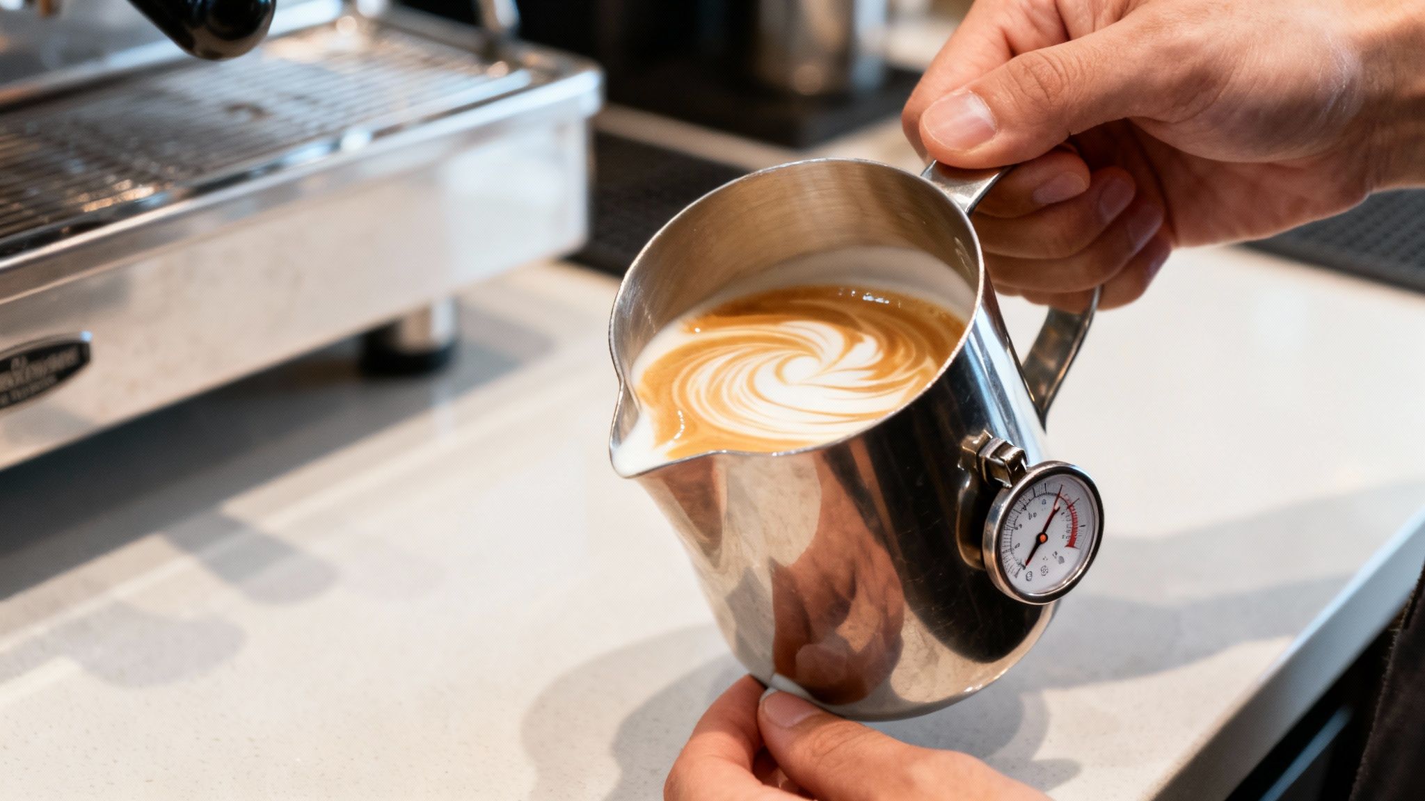 A hand holds a silver milk pitcher with a thermometer, showcasing beautiful latte art.