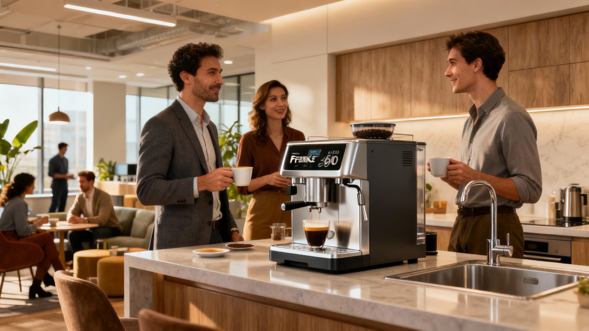 A Franke A600 coffee machine in a modern office kitchen, showcasing its sleek design.