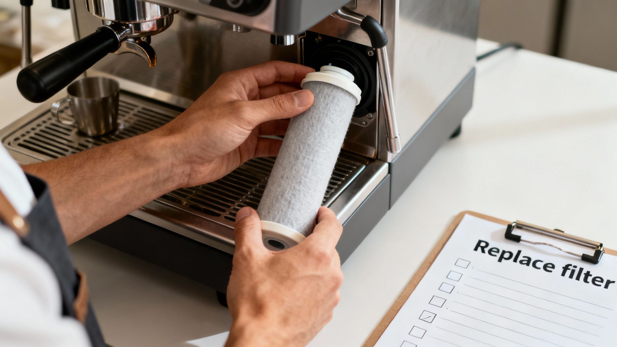 Hands are shown replacing a filter in a stainless steel coffee machine, with a 'Replace filter' checklist.