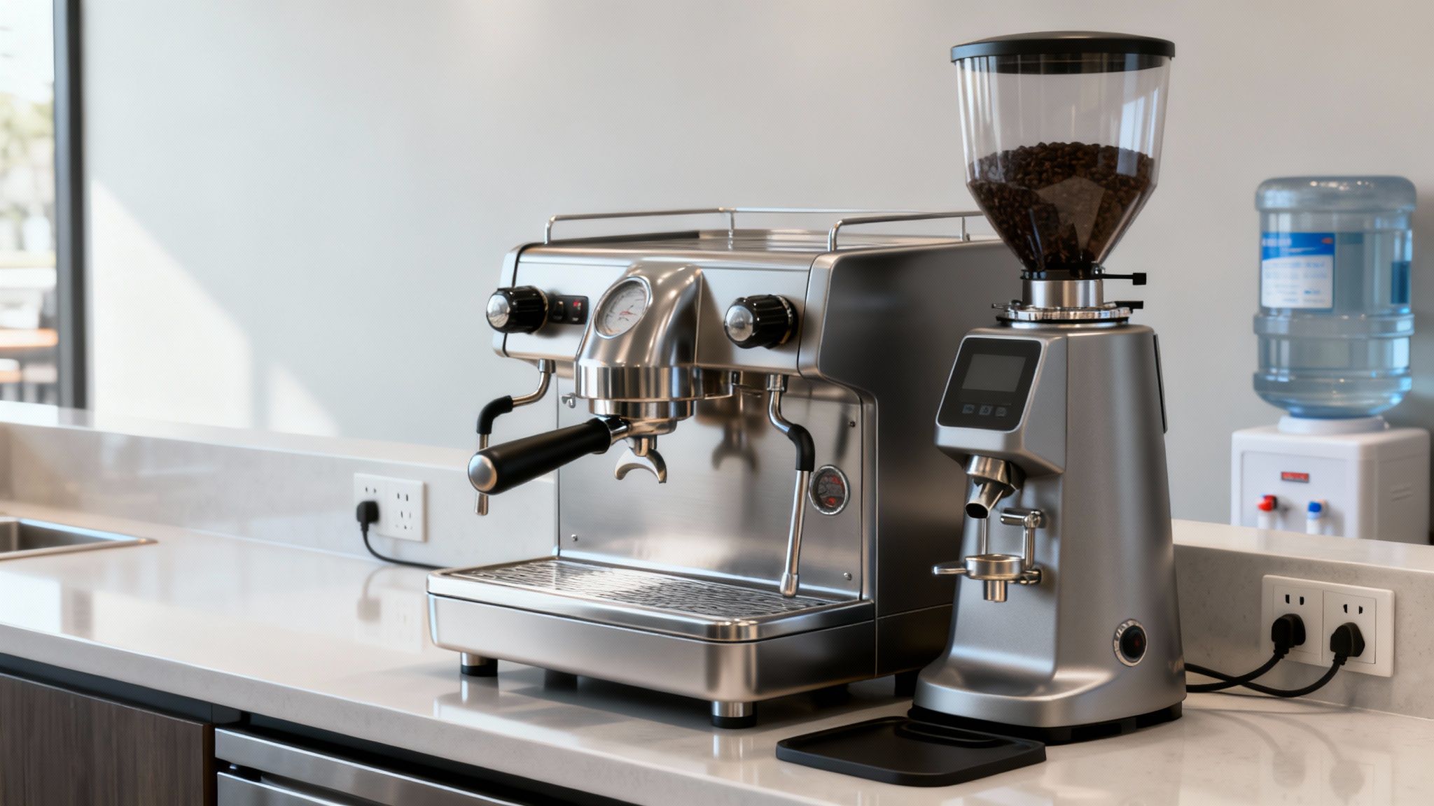 A professional stainless steel espresso machine and coffee grinder on a modern kitchen counter.