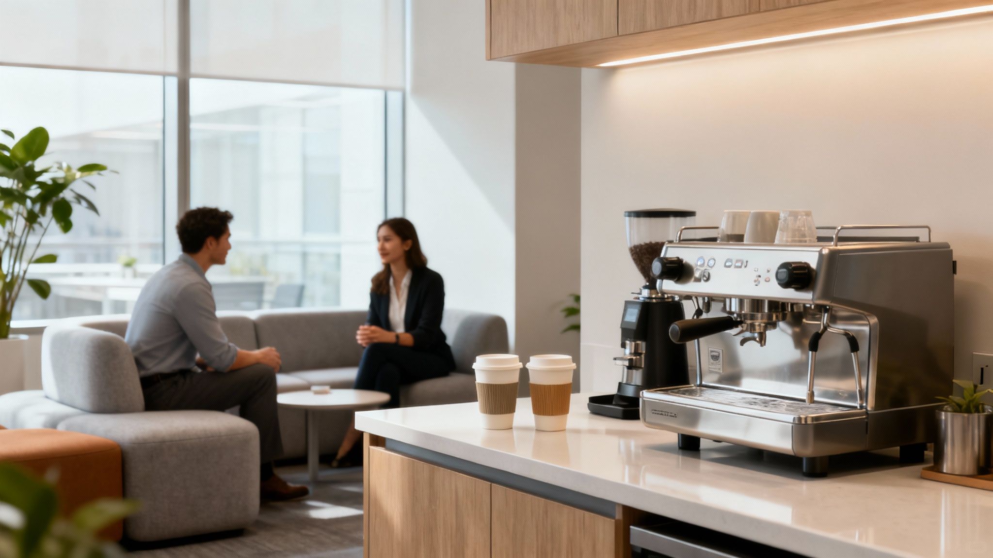 Professional office coffee station with espresso machine and employees having conversation in modern workplace