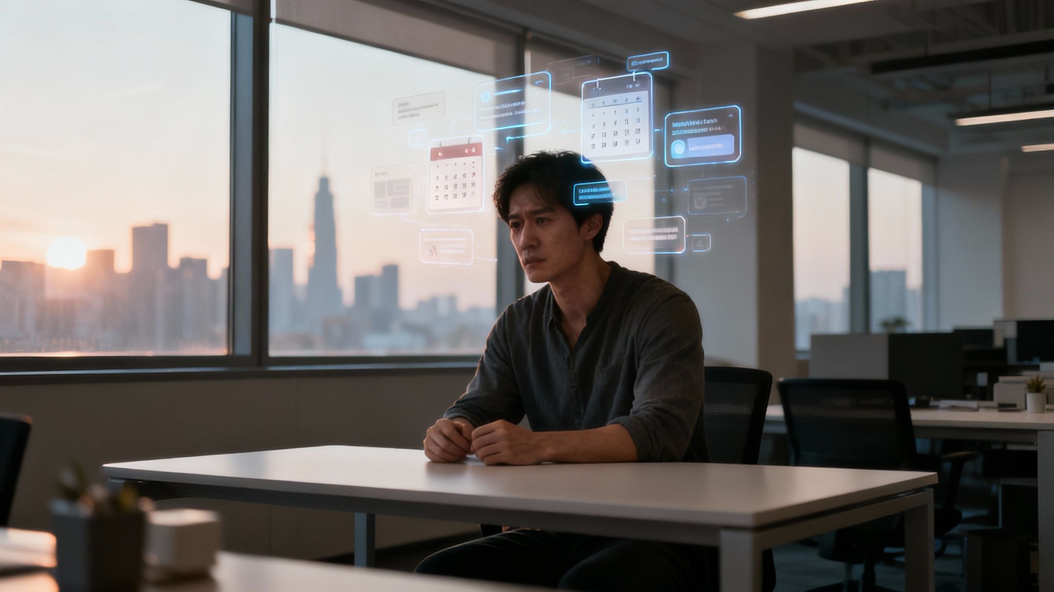 An Asian man feeling overwhelmed by holographic data in a modern office with city sunset views.