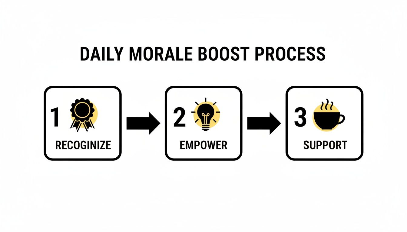 A 'Daily Morale Boost Process' diagram showing three steps: Recognize, Empower, Support, with corresponding icons.