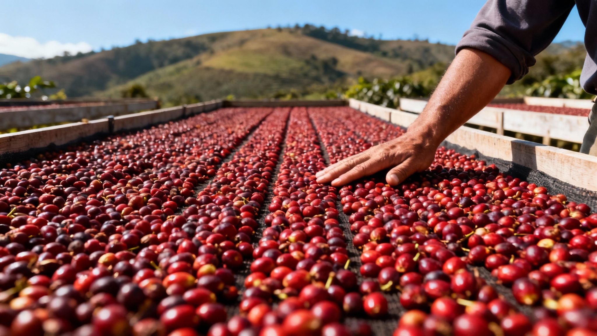 Whole coffee cherries drying in the sun on large patios in Brazil.