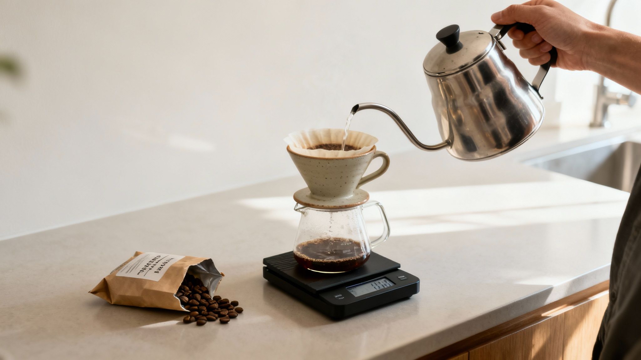 A person carefully pouring hot water over coffee grounds in a pour-over brewer.