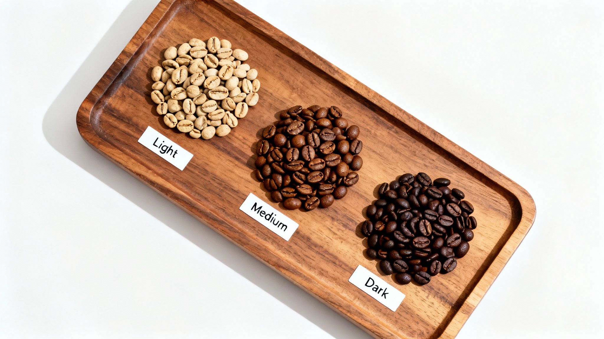 Three piles of coffee beans on a wooden tray, showing light, medium, and dark roasts.