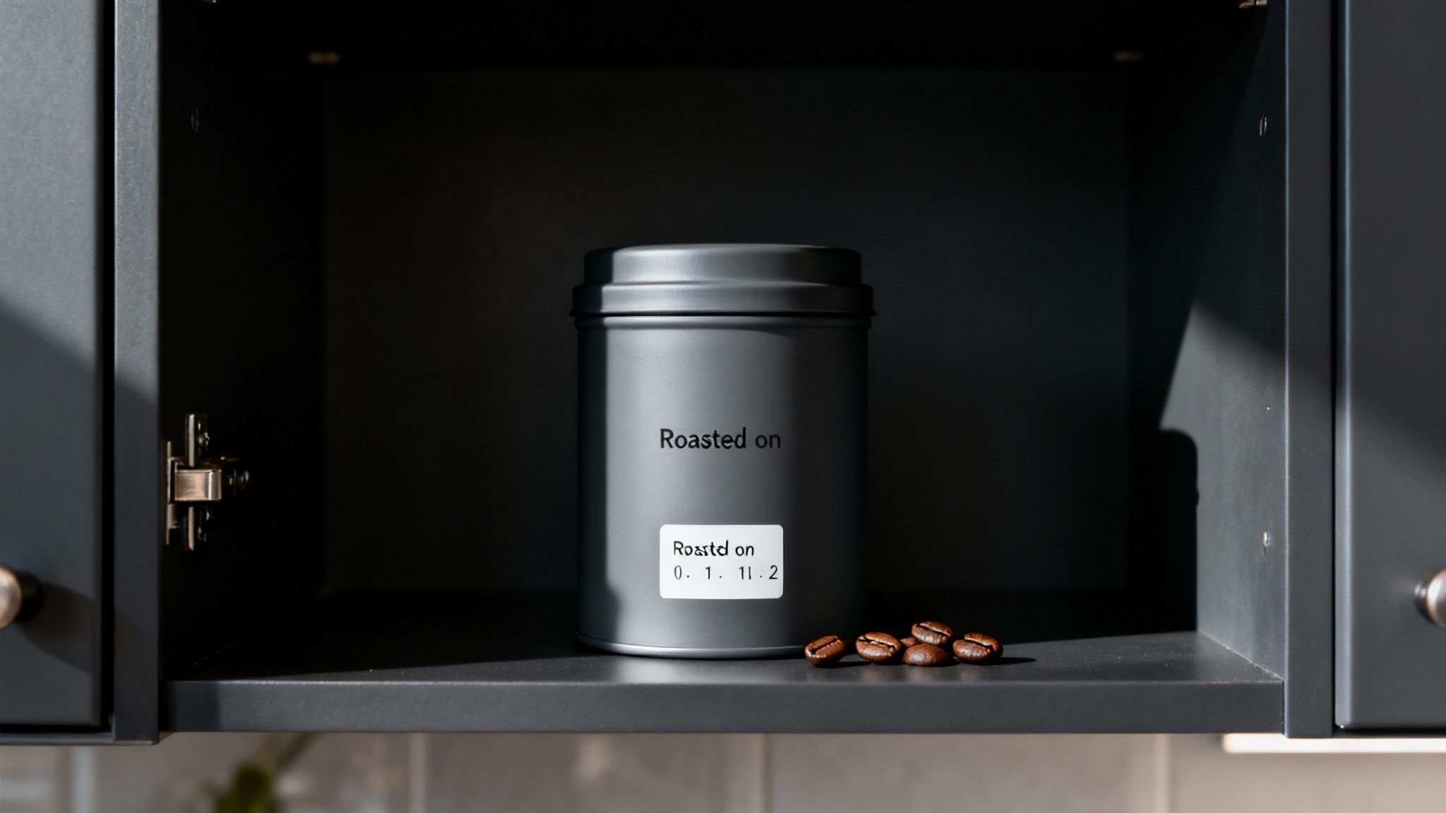 An opaque, airtight coffee canister placed next to a bag of espresso coffee beans on a dark kitchen counter.