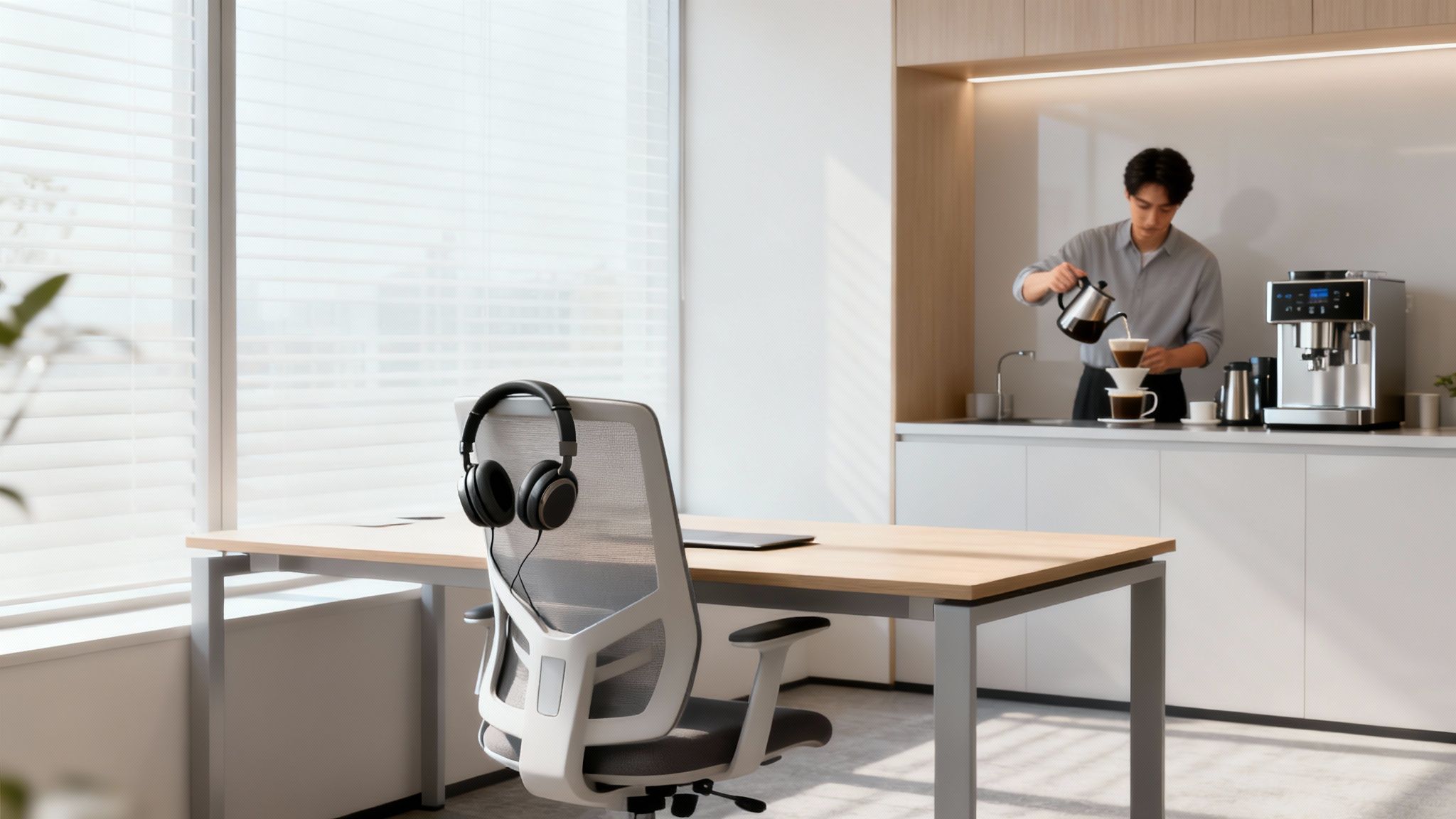 A man making pour-over coffee in a modern kitchen next to a desk with an office chair and headphones.