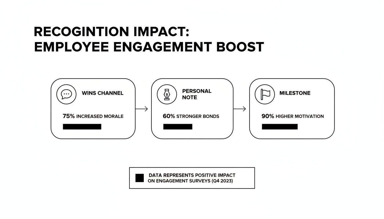 Infographic showing how employee recognition boosts engagement, morale, bonds, and motivation levels.