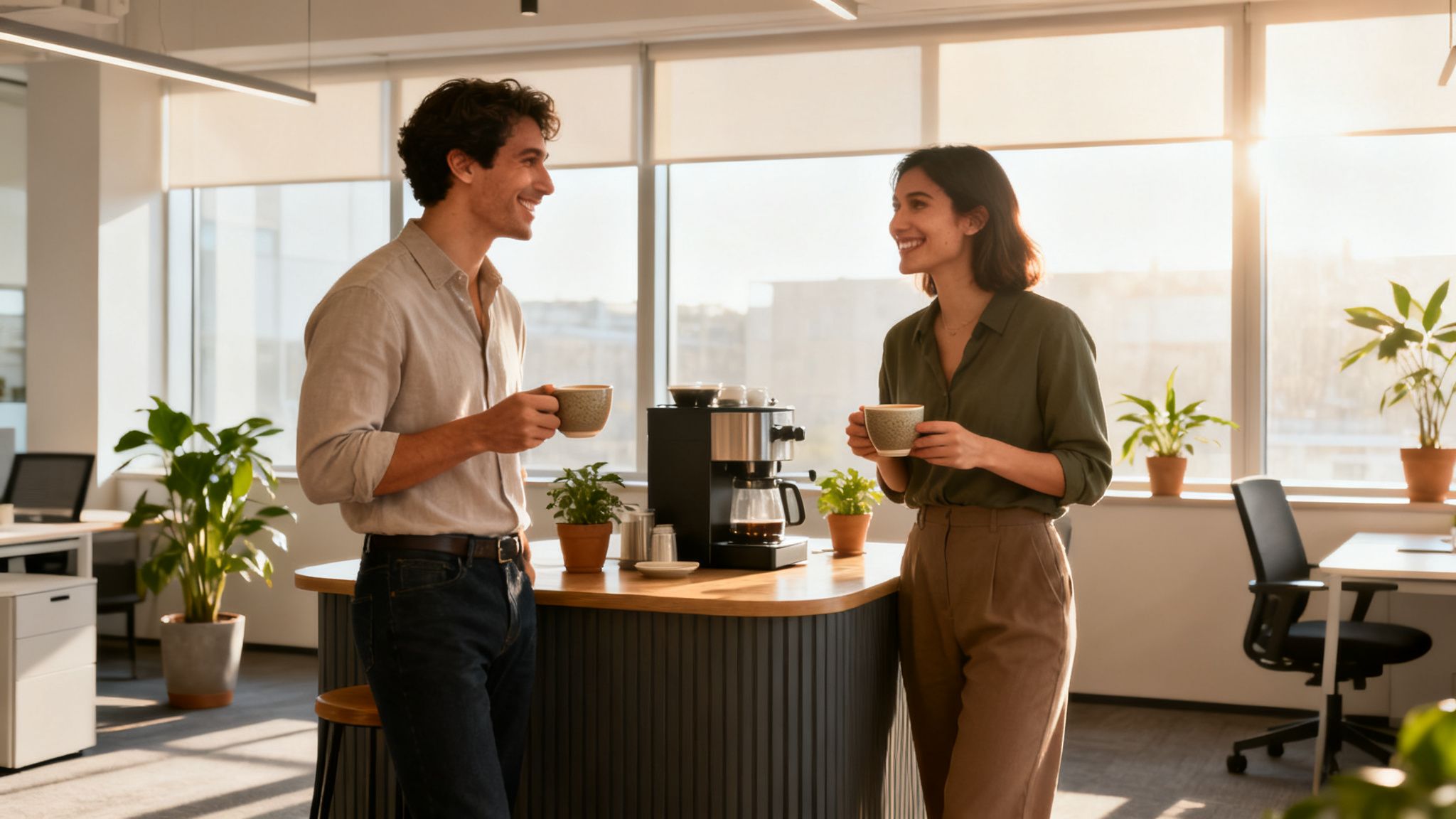Two smiling colleagues enjoy a coffee break in a modern, sunlit office.