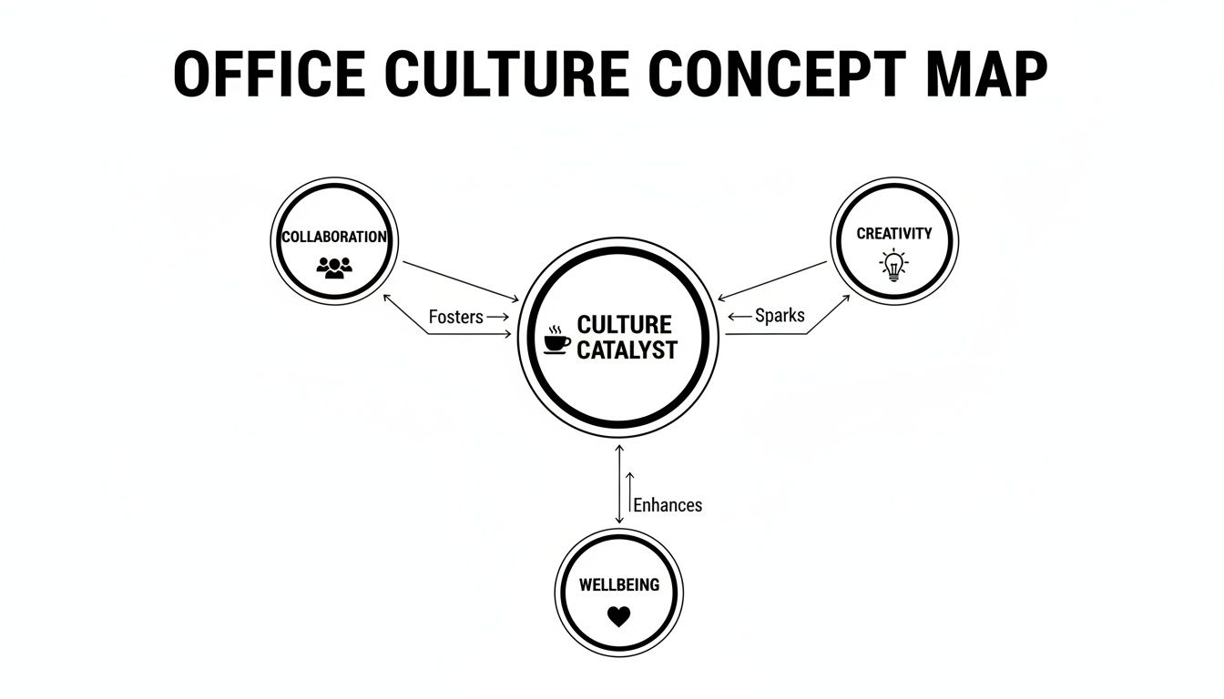 A concept map illustrating office culture, showing how a culture catalyst fosters collaboration, sparks creativity, and enhances wellbeing.