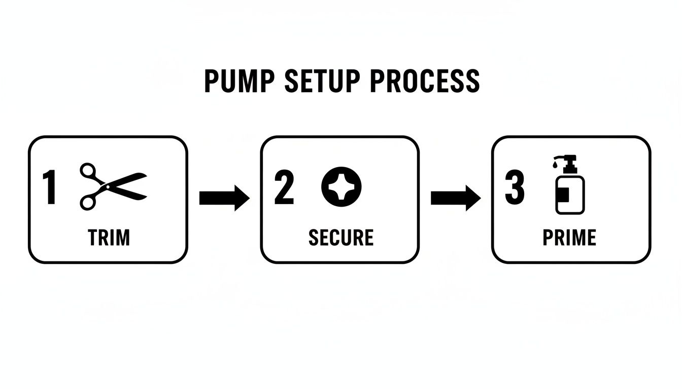 Black and white infographic detailing the three steps to set up a pump: trim, secure, and prime.