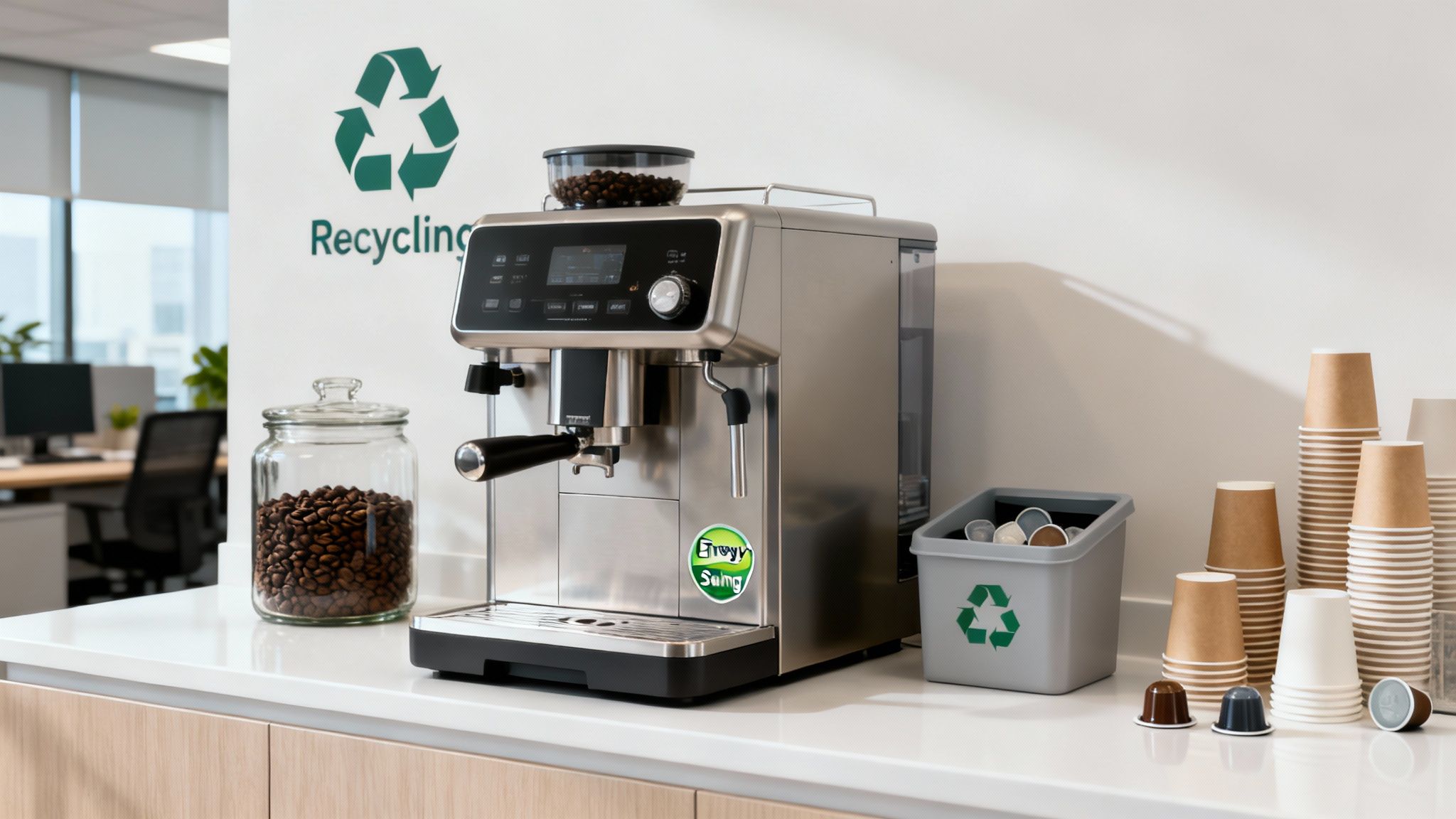 A close-up shot of a hand placing a reusable coffee cup under an office coffee machine, with a green plant in the background.