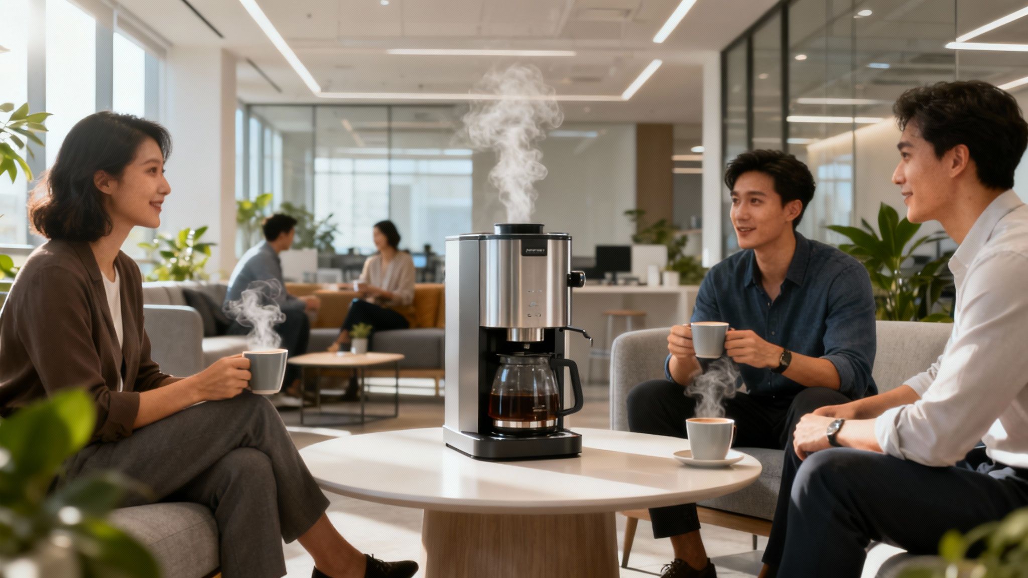 Colleagues enjoying coffee together in a modern office breakroom.