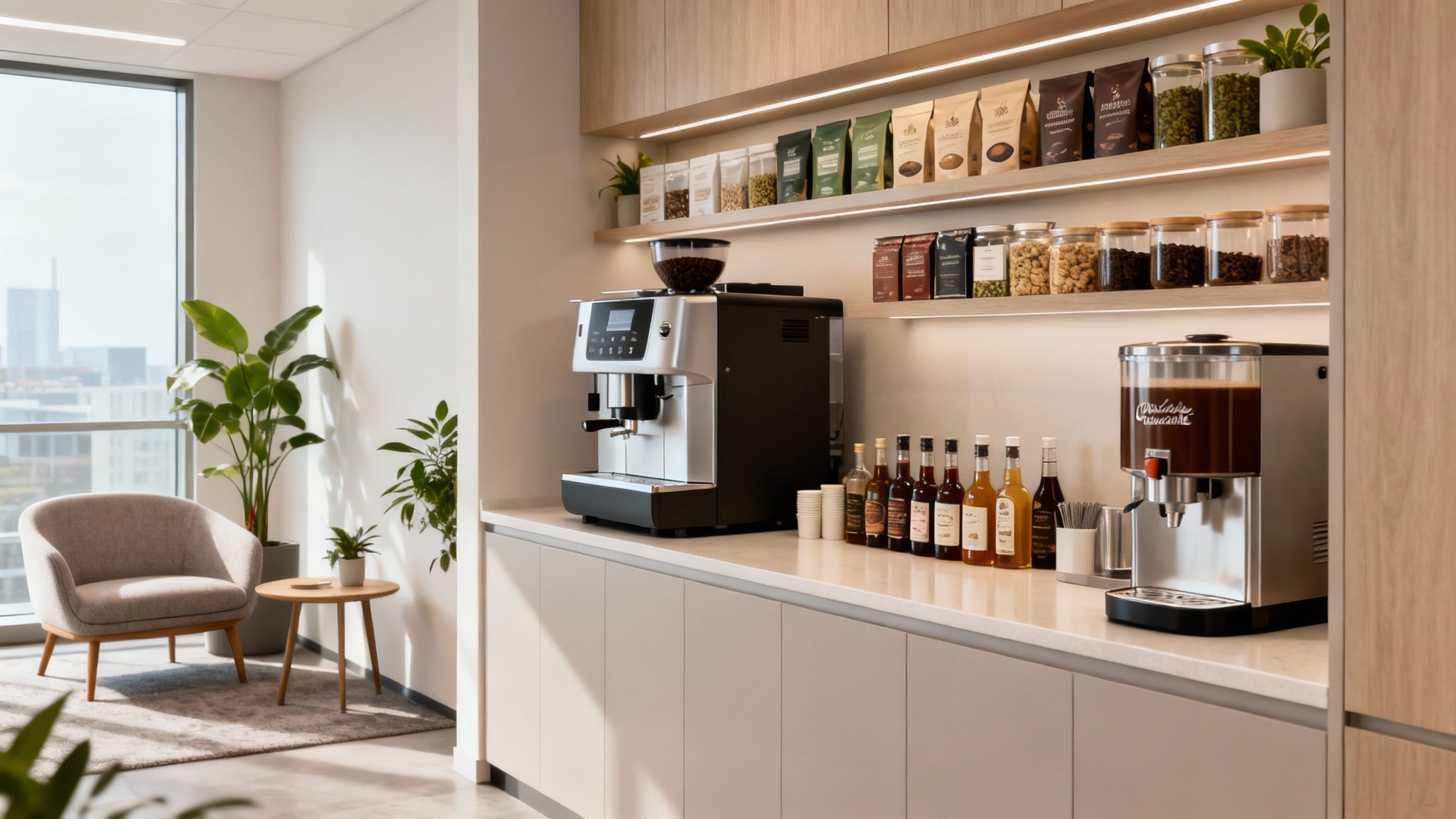 A contemporary office breakroom with coffee machines, beans, syrups, and a comfortable armchair by a window.