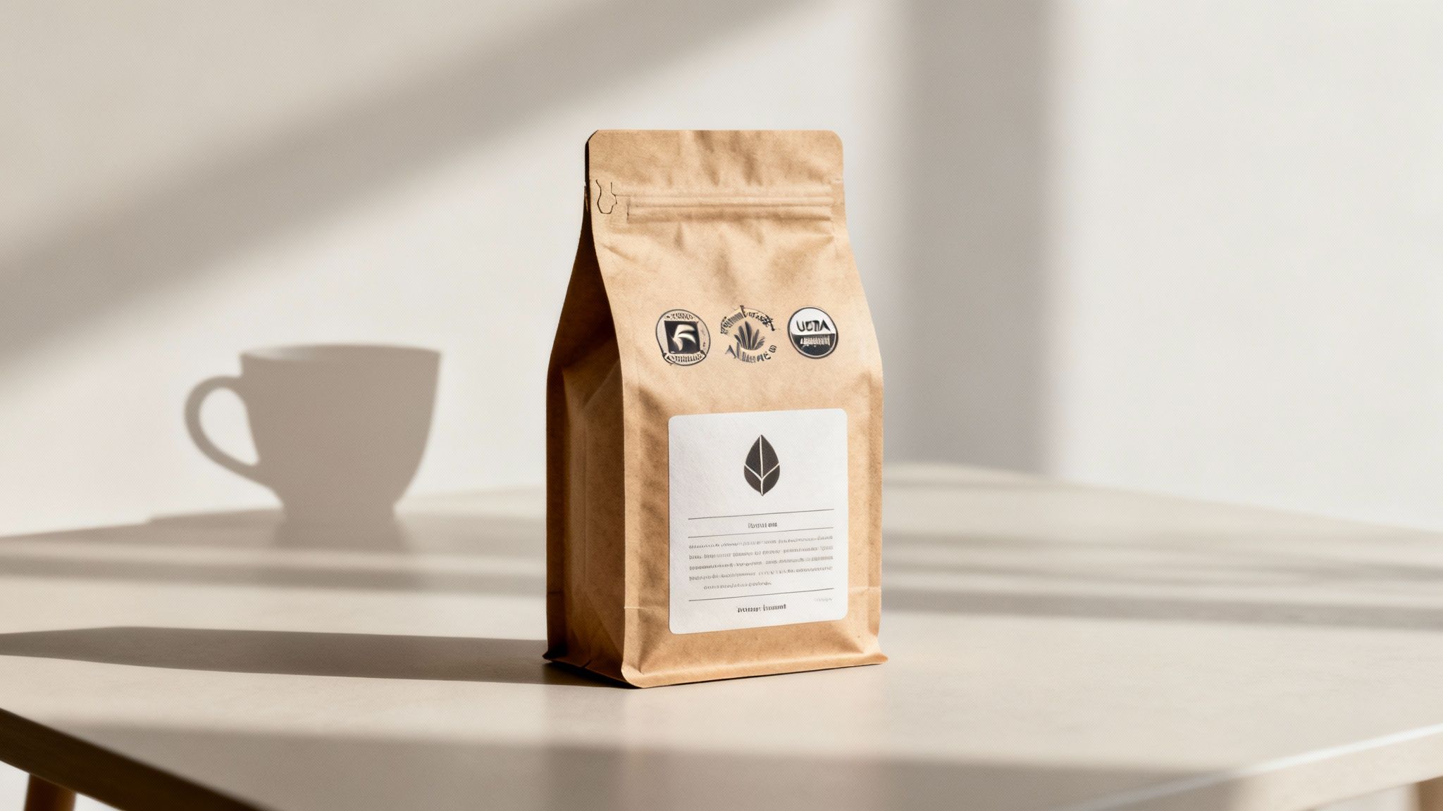 A close-up of various coffee certification labels on a bag