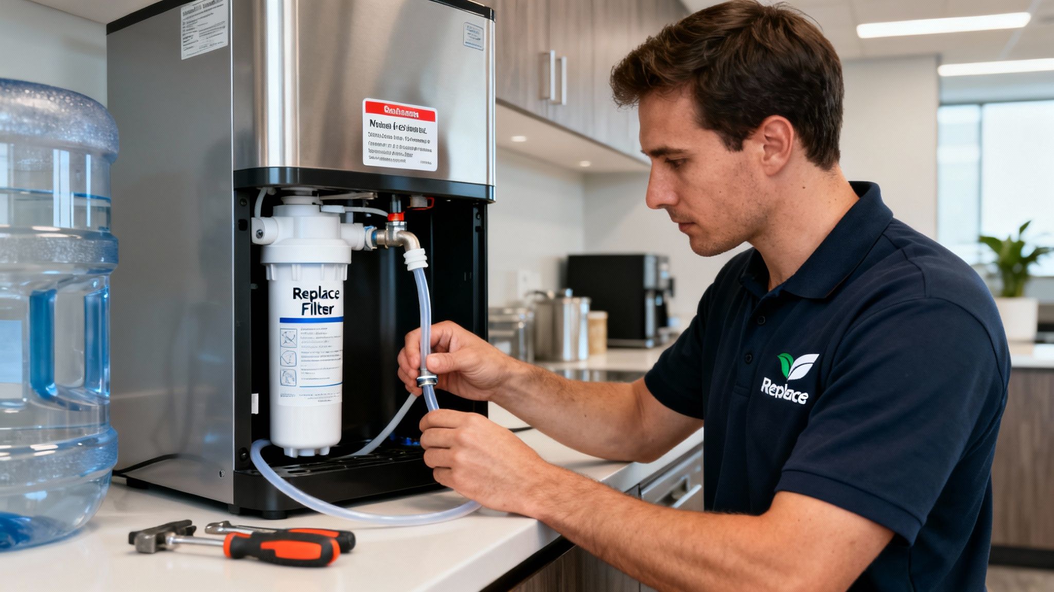 A man in a polo shirt with a 'Replace' logo is connecting a tube to a water cooler's filter.