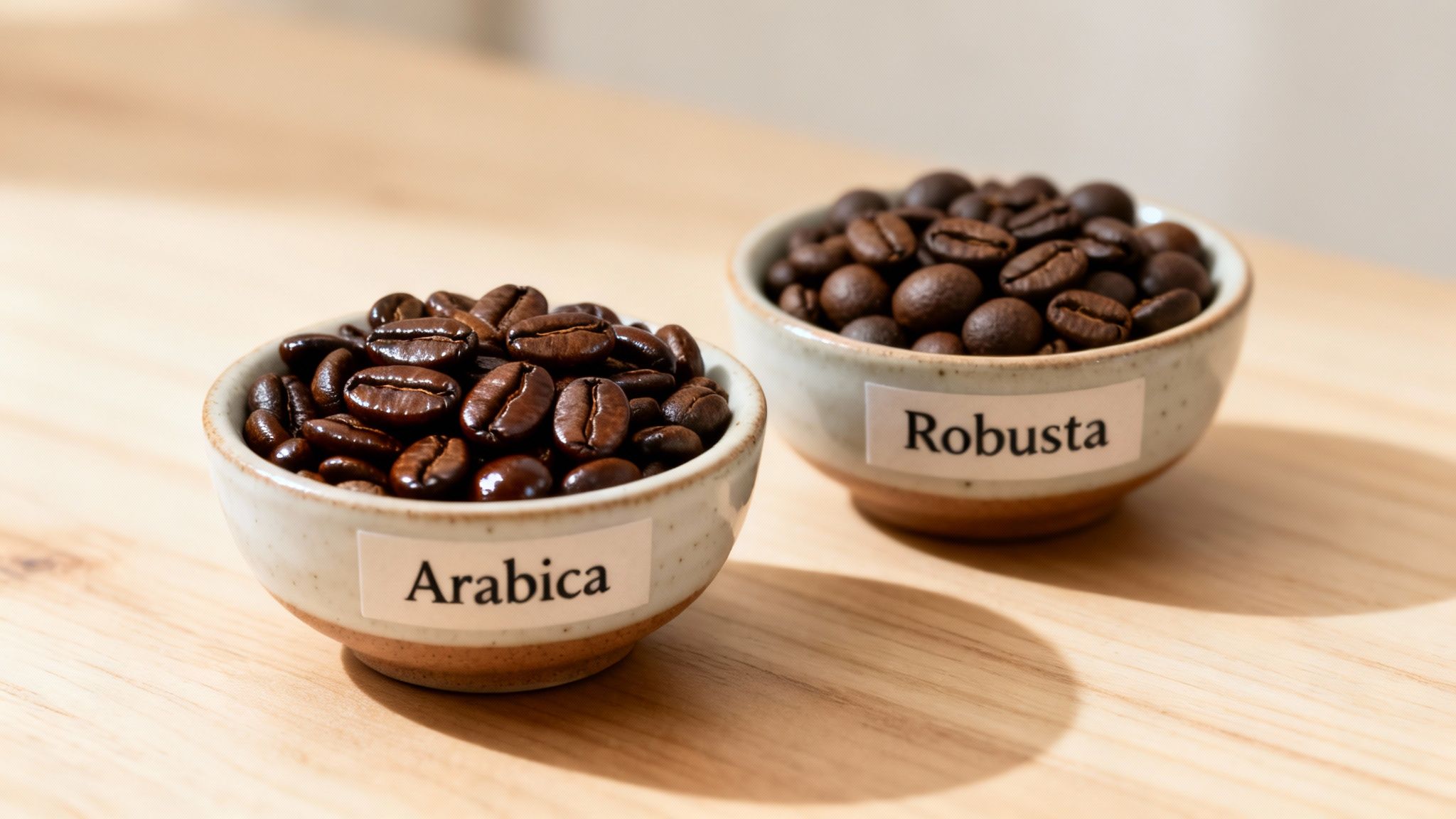 Two small bowls of roasted coffee beans, labeled Arabica and Robusta, on a light wooden table.