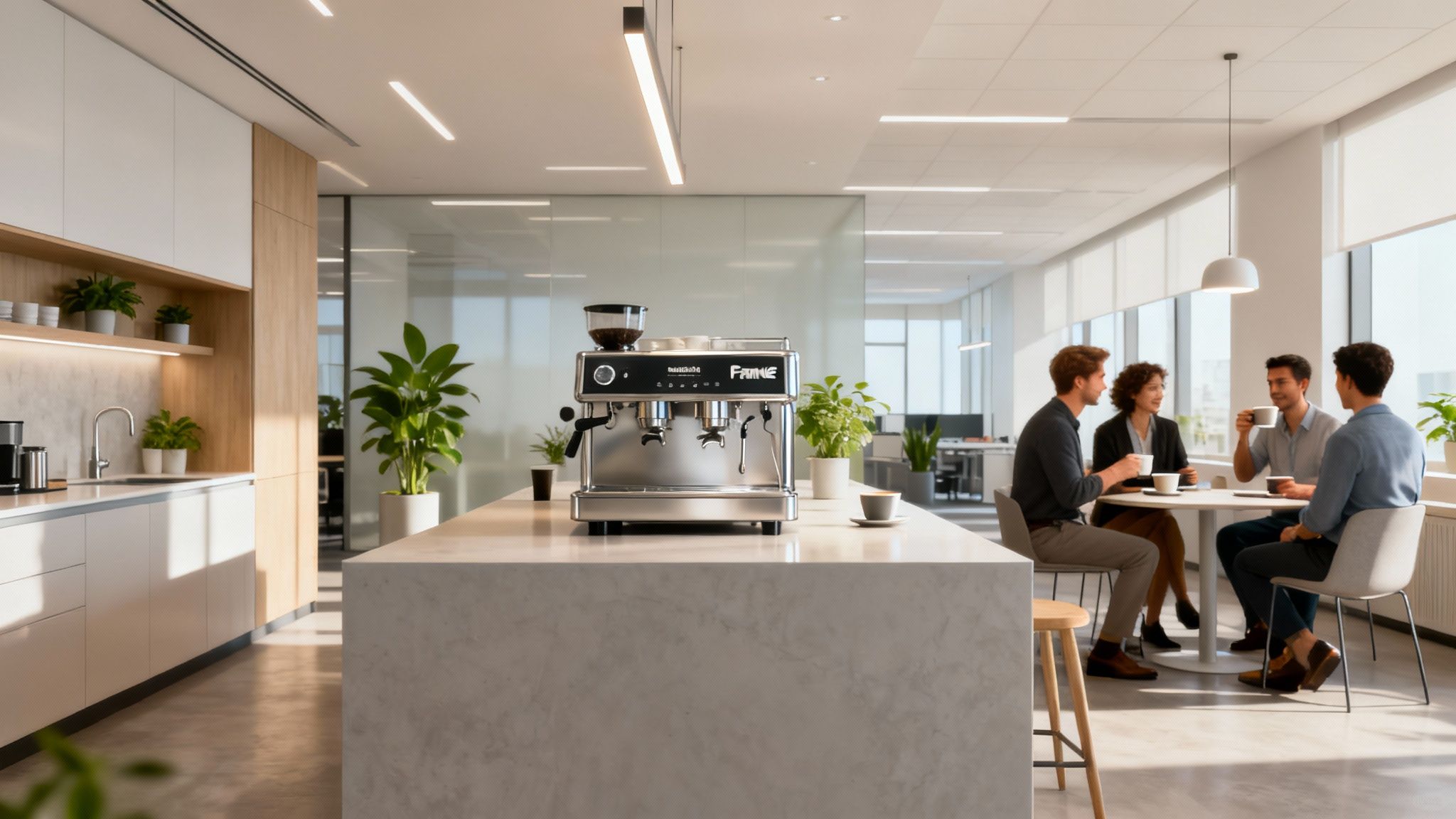 A modern office breakroom featuring a Franke coffee machine, with employees enjoying coffee and conversing.